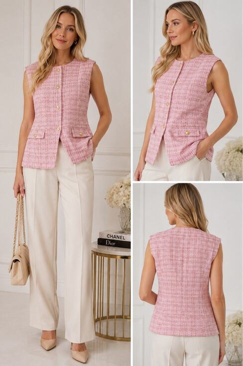 Rachel Zoe Jackets & Blazers - NWT Rachel Zoe XL Pink Tweed Vest Gold Button Sleeveless Blazer Jacket
